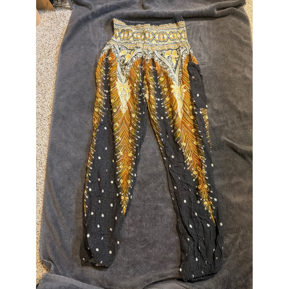 Harem Pants Peacock Feather Paisley Boho Smocked Waist Joggers Black Orange